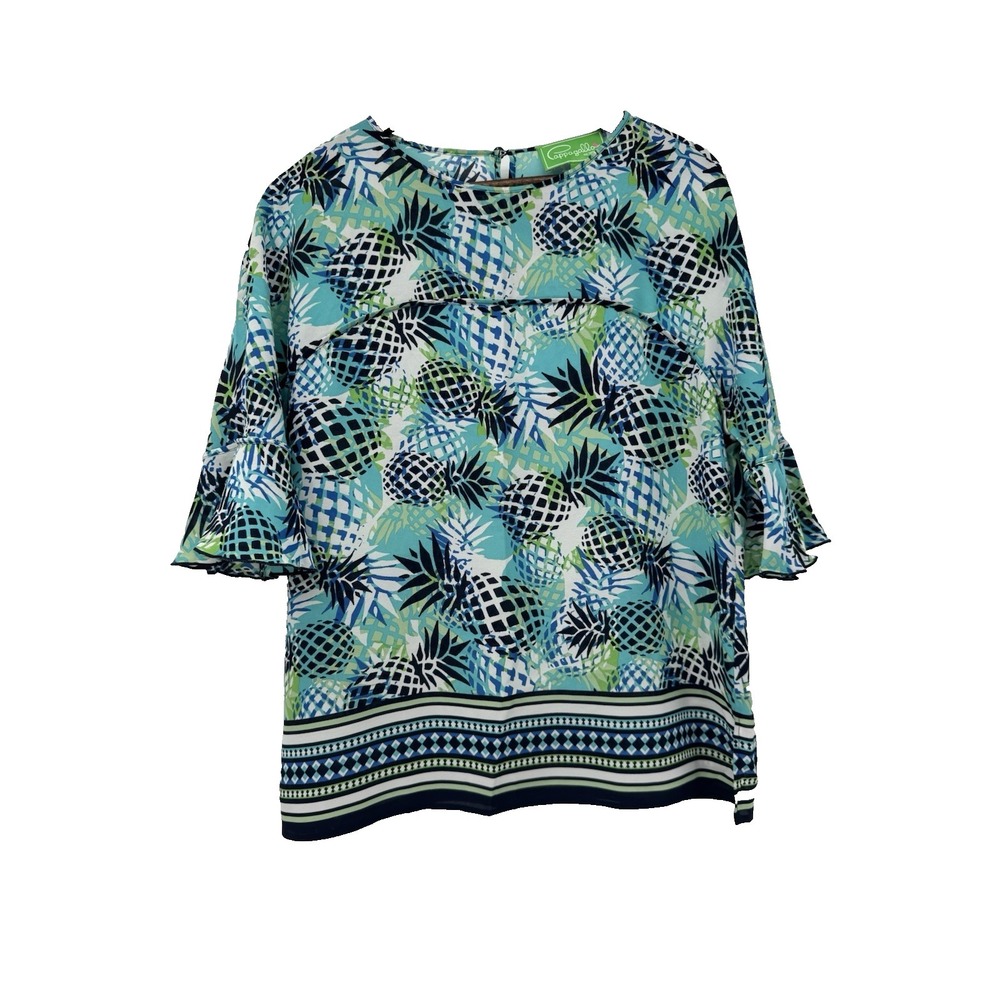 Cappagallo‎ Pineapple Blue blouse vacation tropical resort beachy bell sleeve M